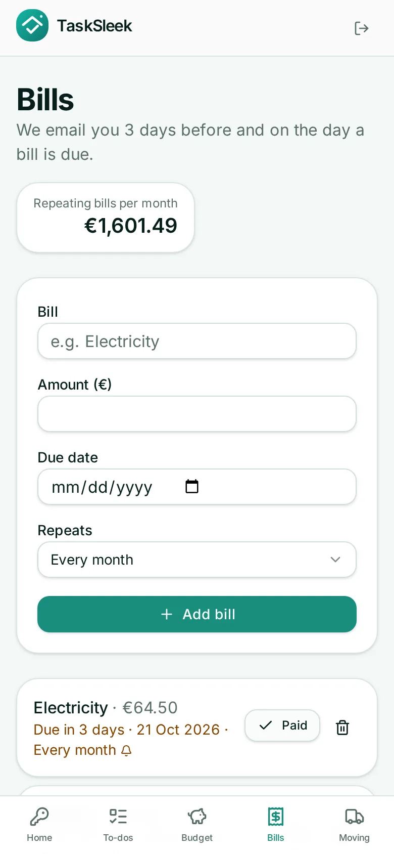 Bills on a phone: amount, due date and a Paid button