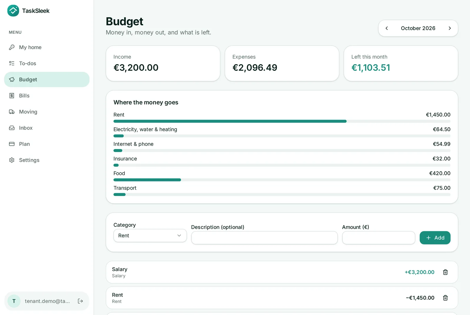 TaskSleek budget with income, expenses and what is left this month