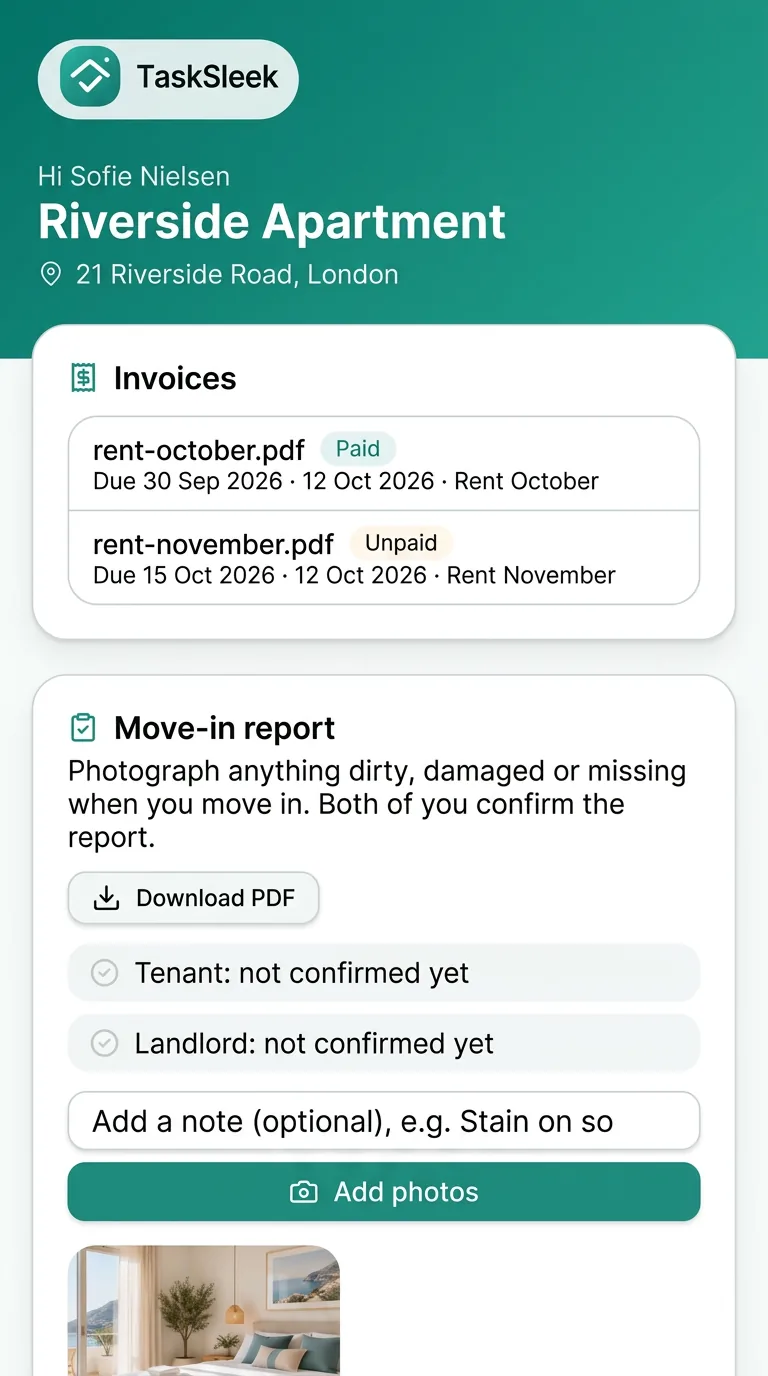 TaskSleek home folder on a phone with move-in records and invoices